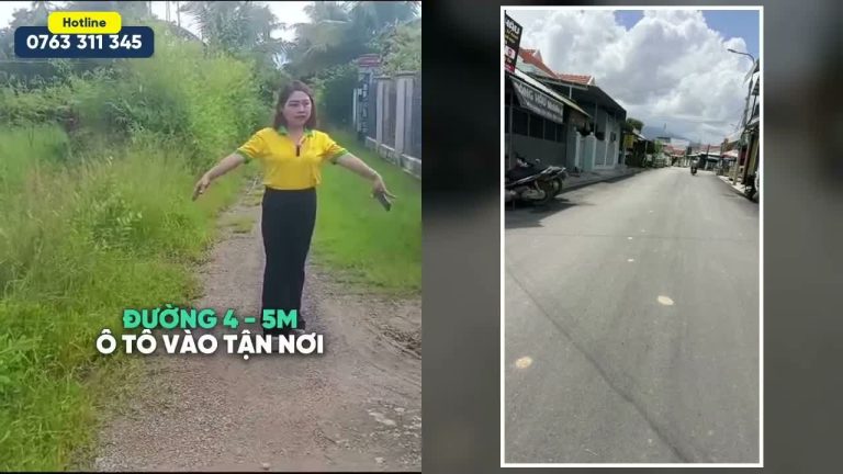 Trinh đứng trên con đường đất trước lô đất bán ở Thanh Mỹ, Ninh Hòa, bên cạnh là ảnh đường nhựa khu chợ Ninh Quang